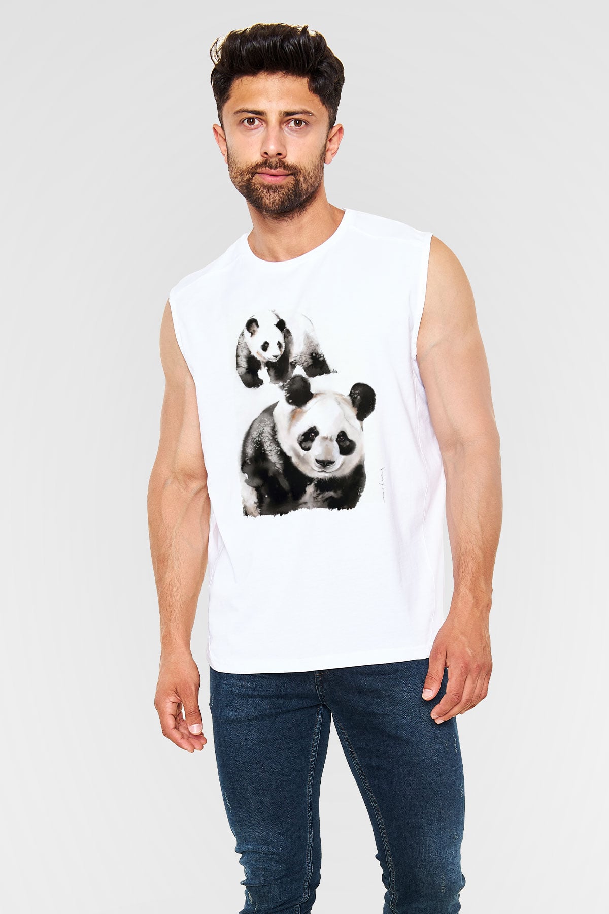 Panda Beyaz Unisex Kolsuz Tişört
