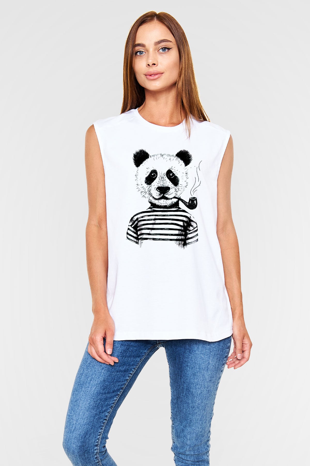 Panda Beyaz Unisex Kolsuz Tişört