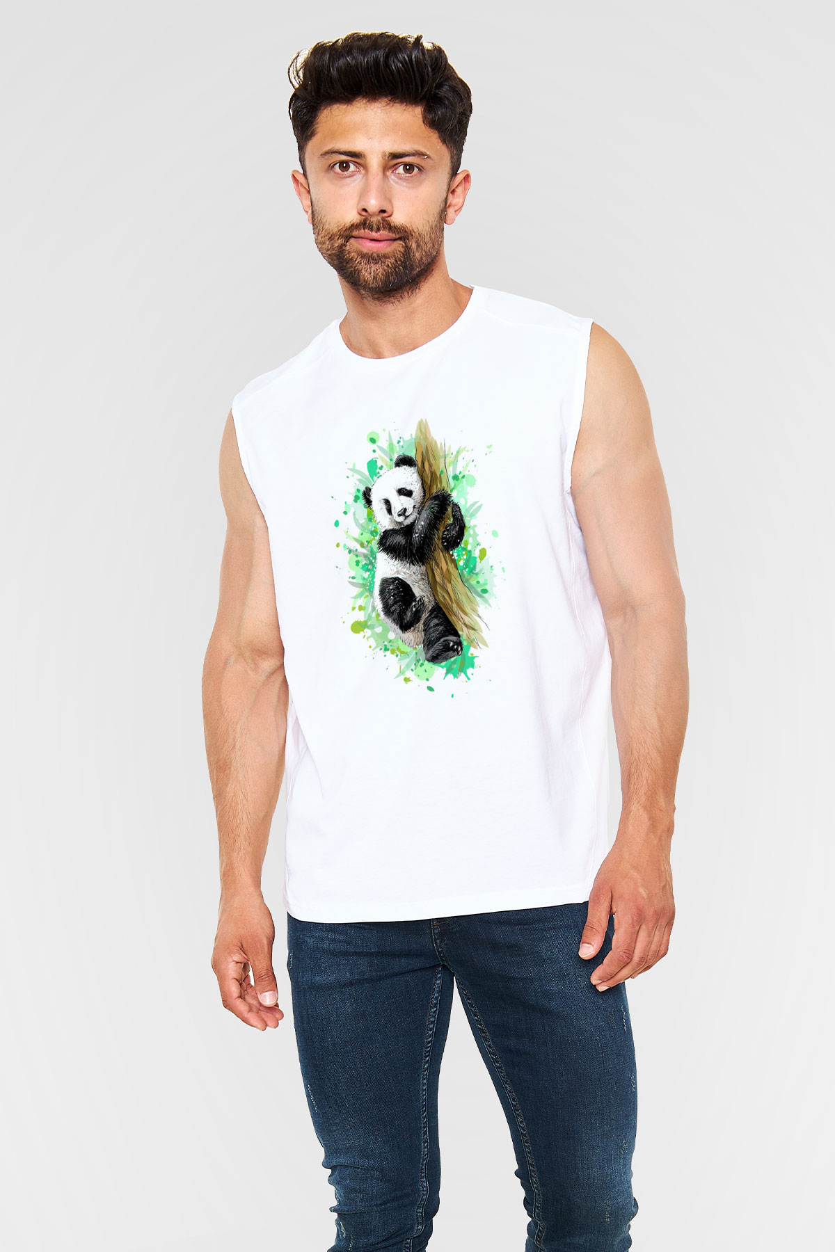 Panda Beyaz Unisex Kolsuz Tişört