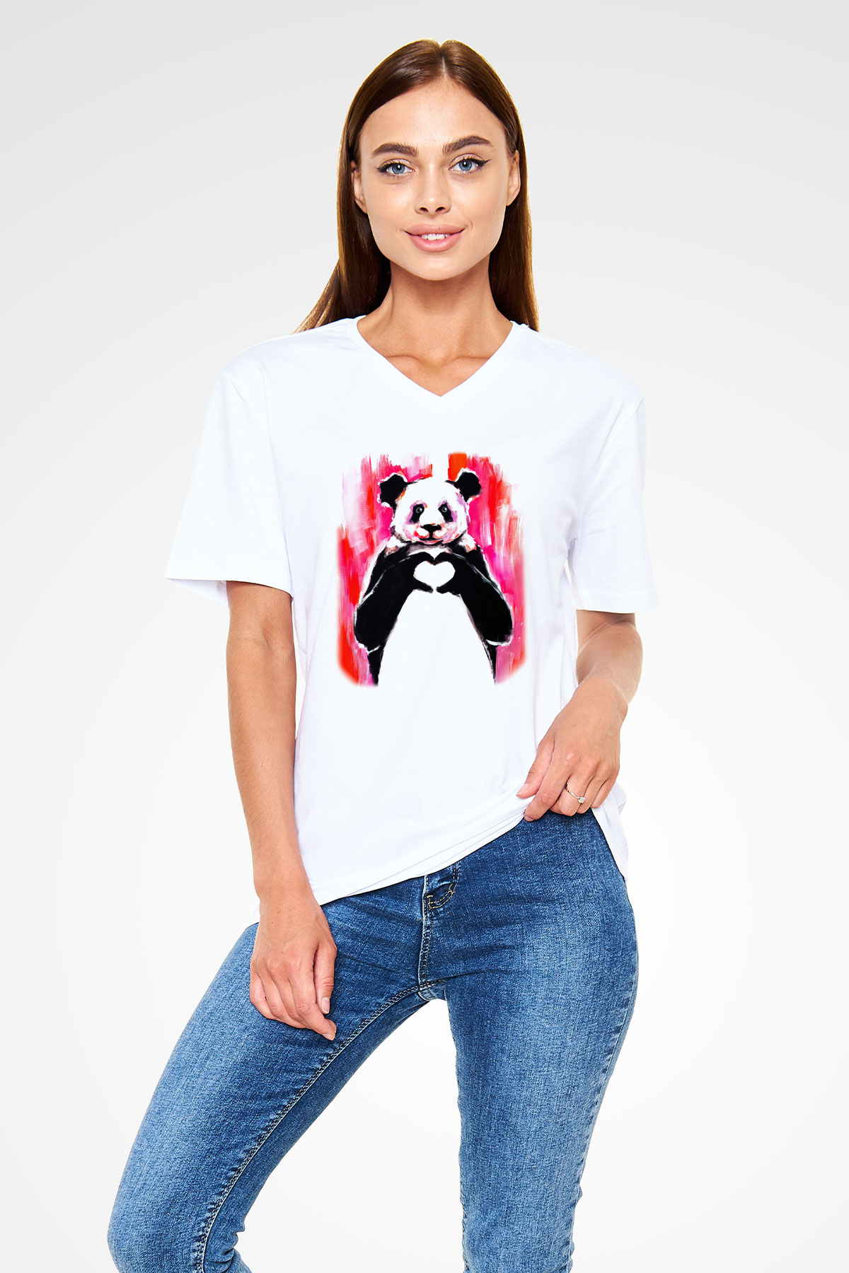 Panda Beyaz Unisex V Yaka Tişört T-Shirt