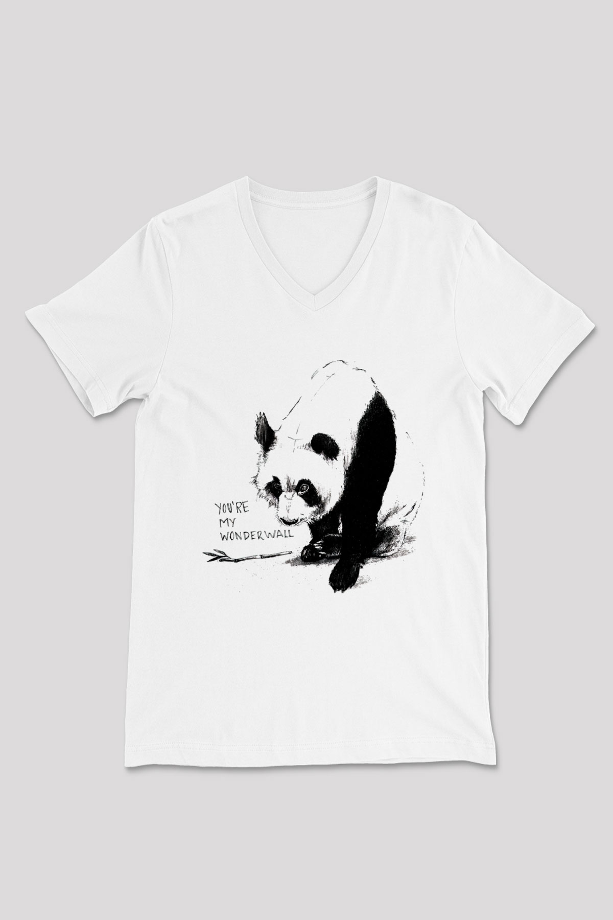 Panda Beyaz Unisex V Yaka Tişört T-Shirt