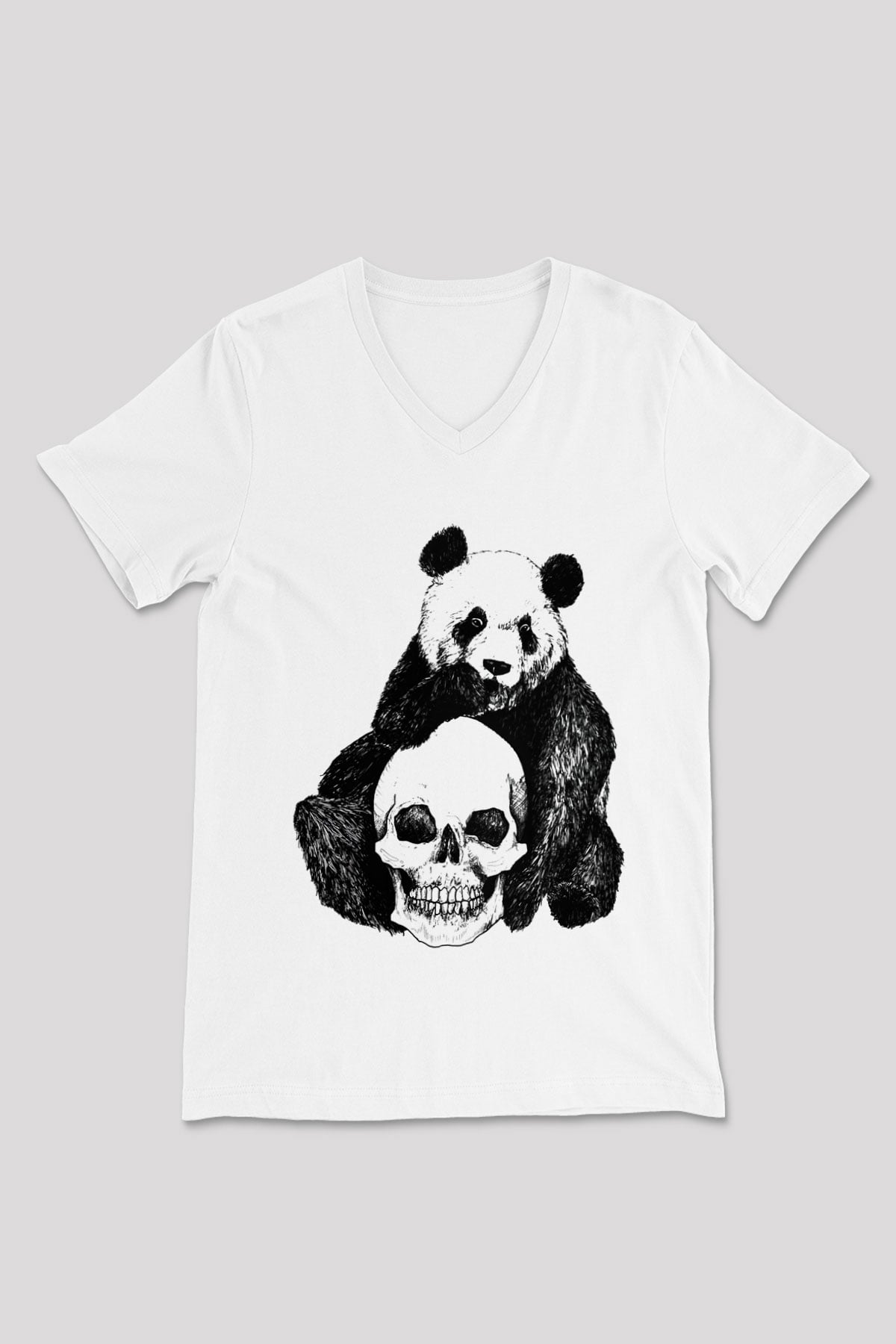 Panda Beyaz Unisex V Yaka Tişört T-Shirt