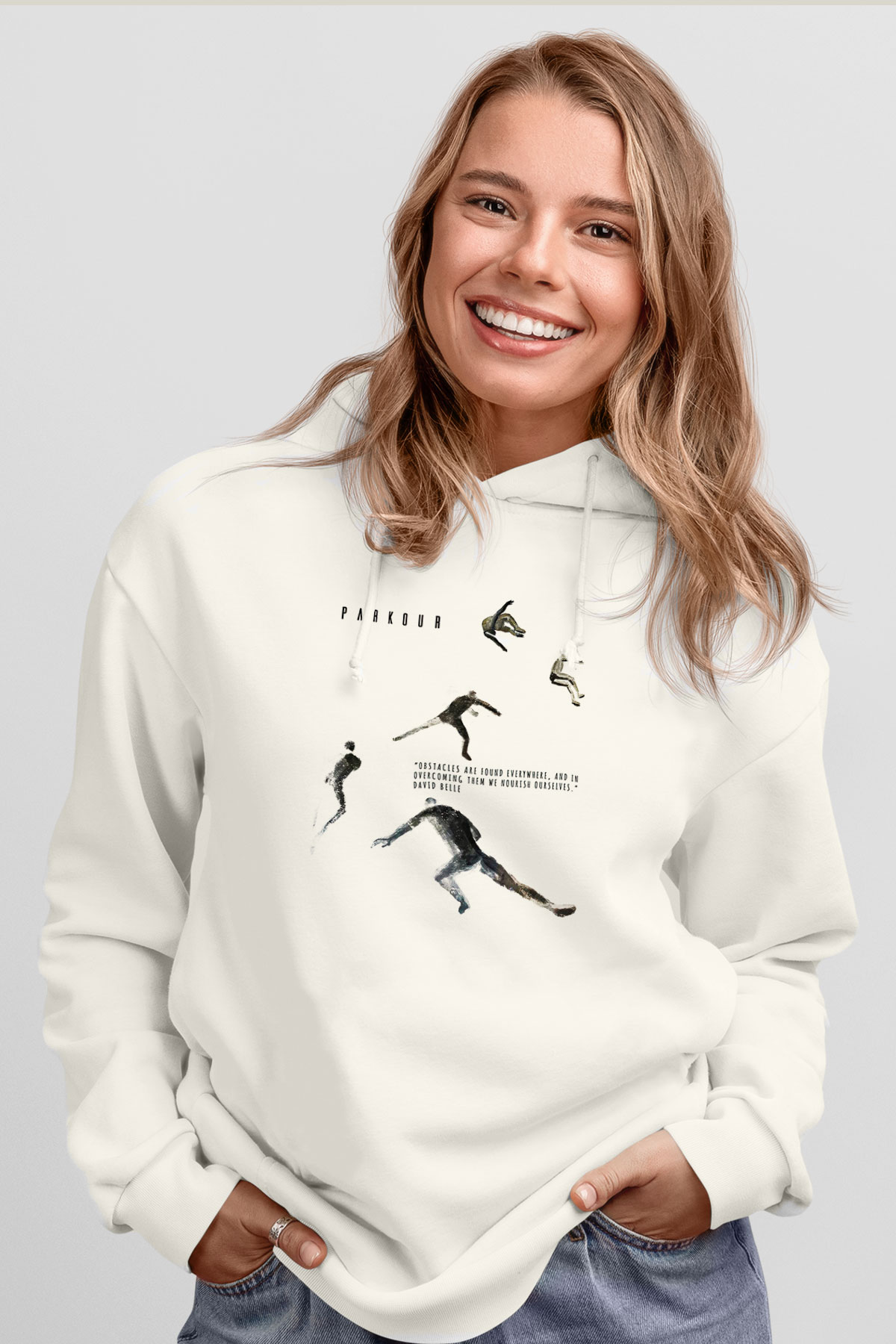 Parkour Baskılı Unisex Ekru Hoodie