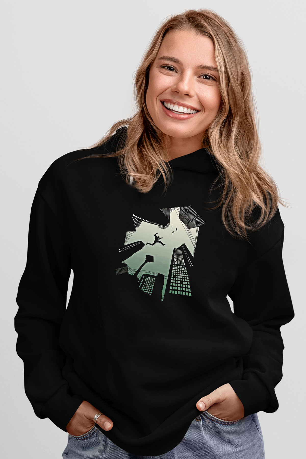 Parkour Baskılı Unisex Siyah Kapüşonlu Sweatshirt