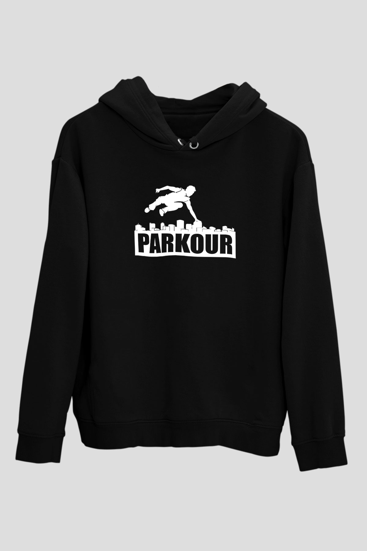 Parkour Baskılı Unisex Siyah Kapüşonlu Sweatshirt