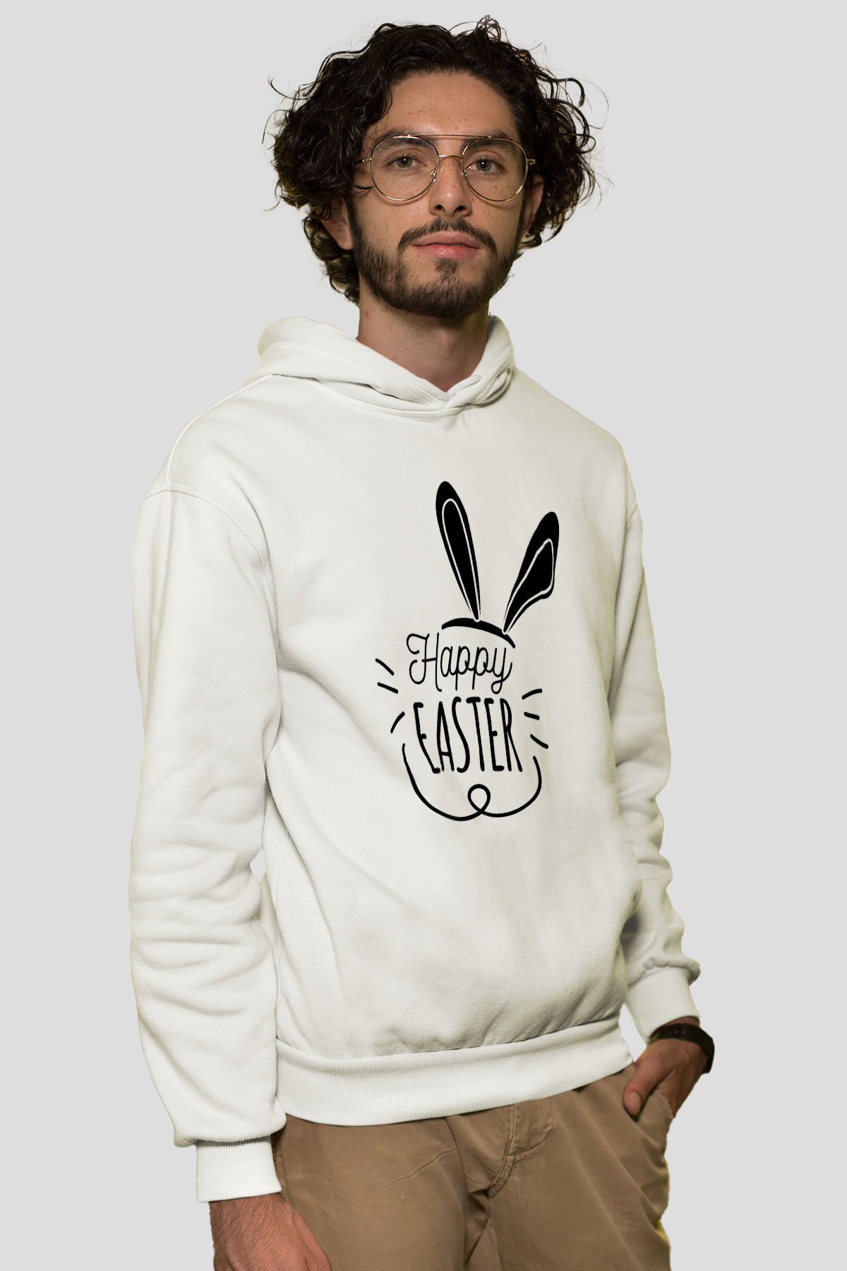 Paskalya Baskılı Beyaz Unisex Kapüşonlu Sweatshirt