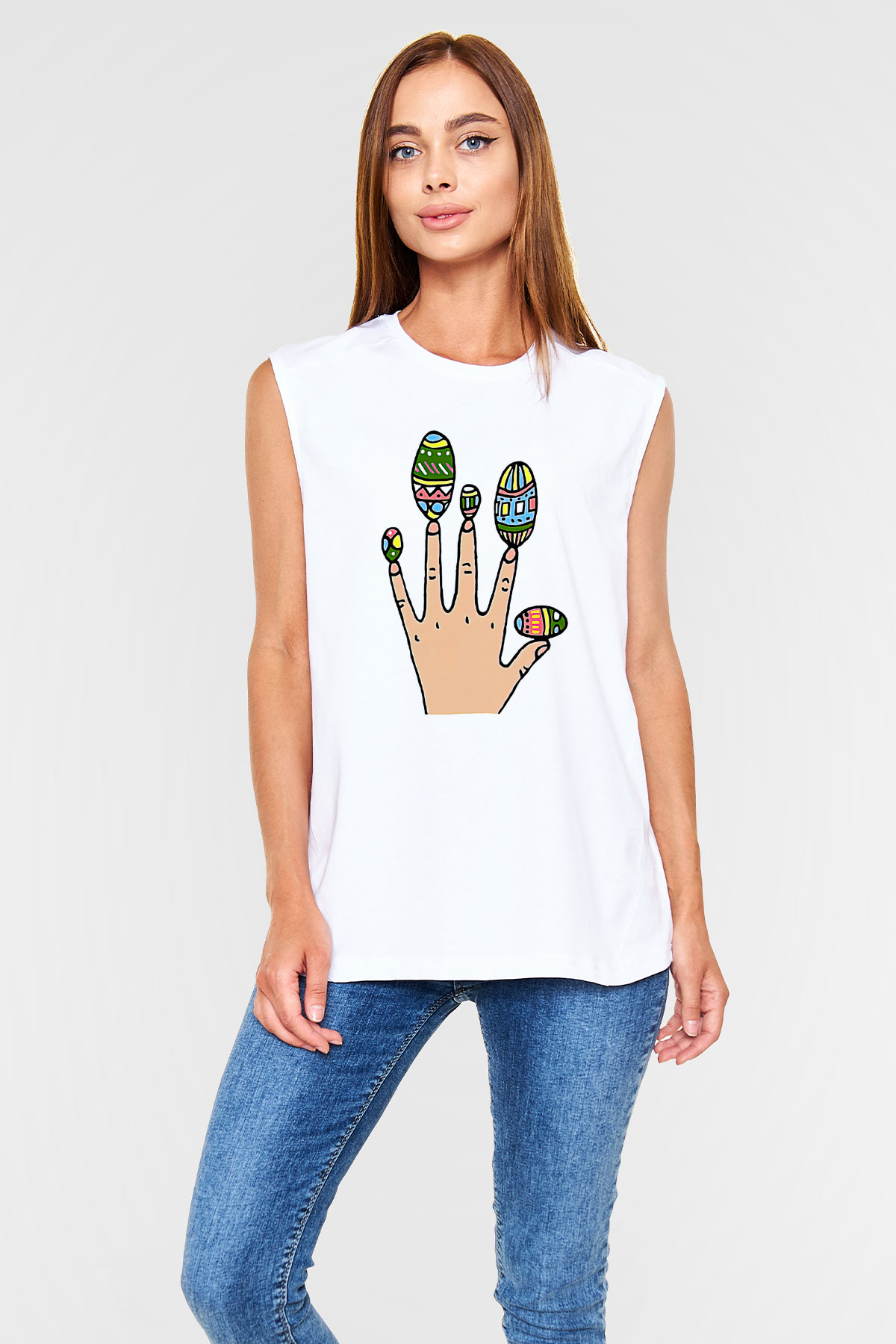 Paskalya Baskılı Beyaz Unisex Kolsuz Tişört - Tshirt