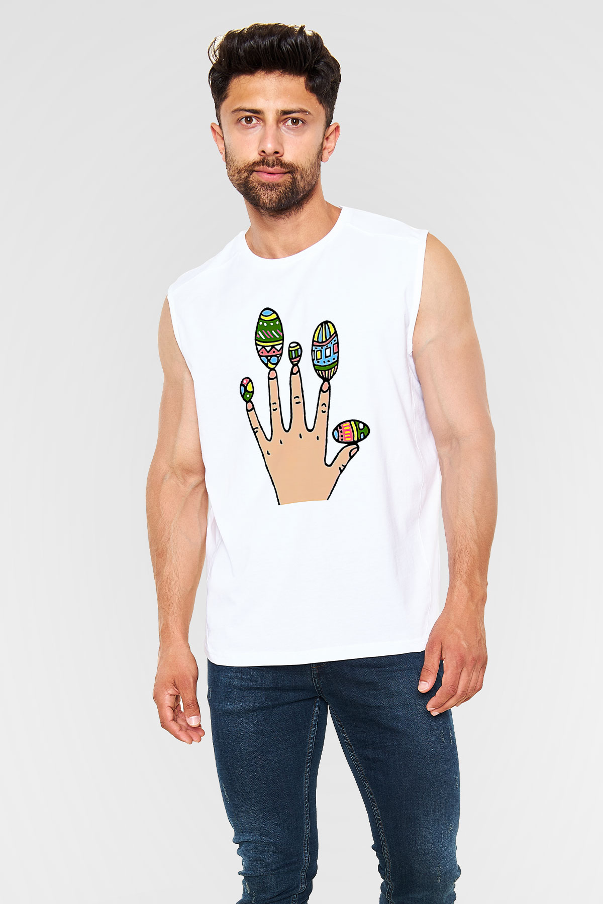 Paskalya Baskılı Beyaz Unisex Kolsuz Tişört - Tshirt