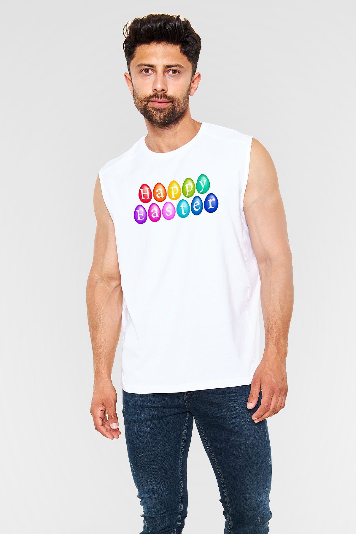 Paskalya Baskılı Beyaz Unisex Kolsuz Tişört - Tshirt