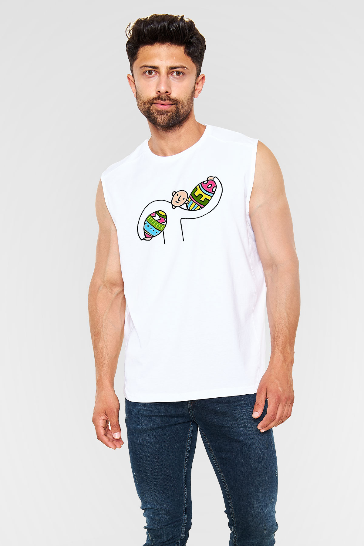 Paskalya Baskılı Beyaz Unisex Kolsuz Tişört - Tshirt
