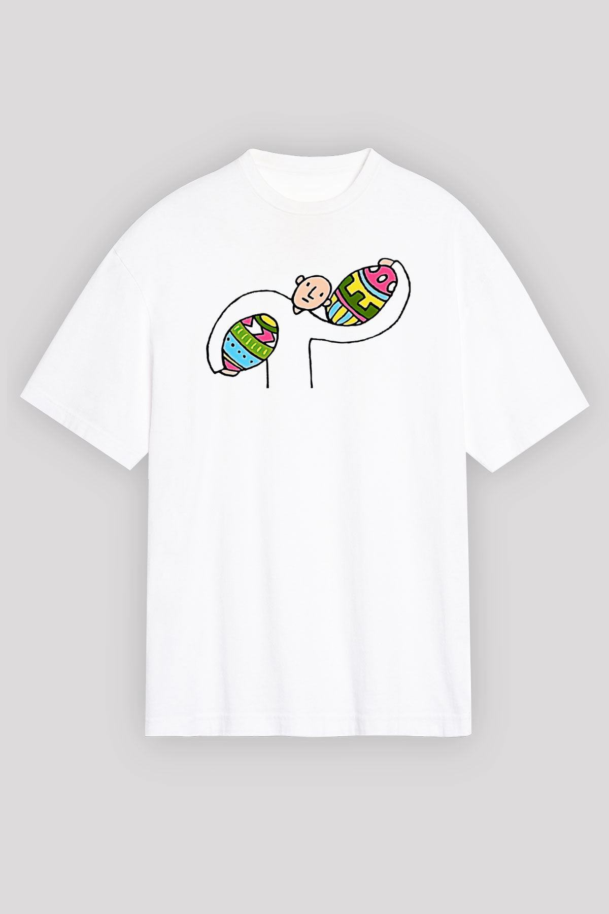 Paskalya Baskılı Beyaz Unisex Oversize Tişört - Tshirt