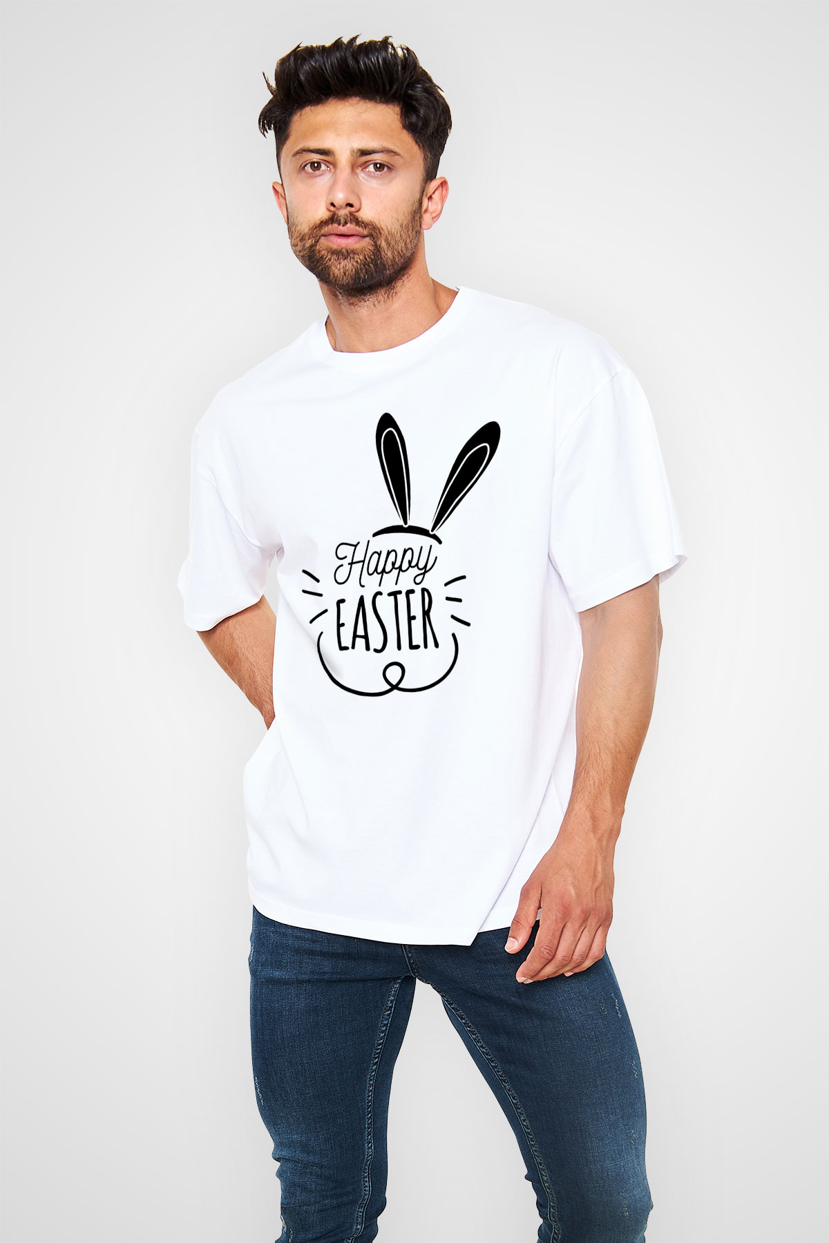 Paskalya Baskılı Beyaz Unisex Oversize Tişört - Tshirt