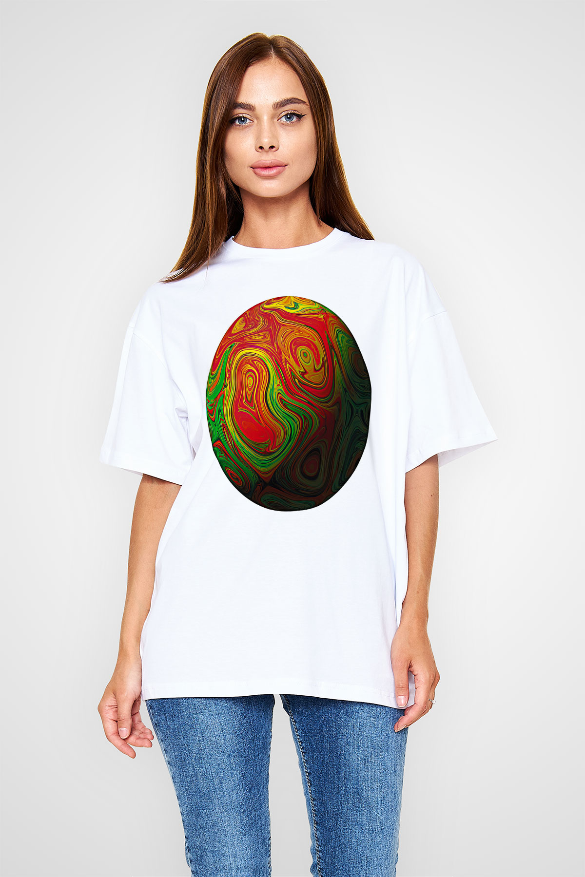 Paskalya Baskılı Beyaz Unisex Oversize Tişört - Tshirt