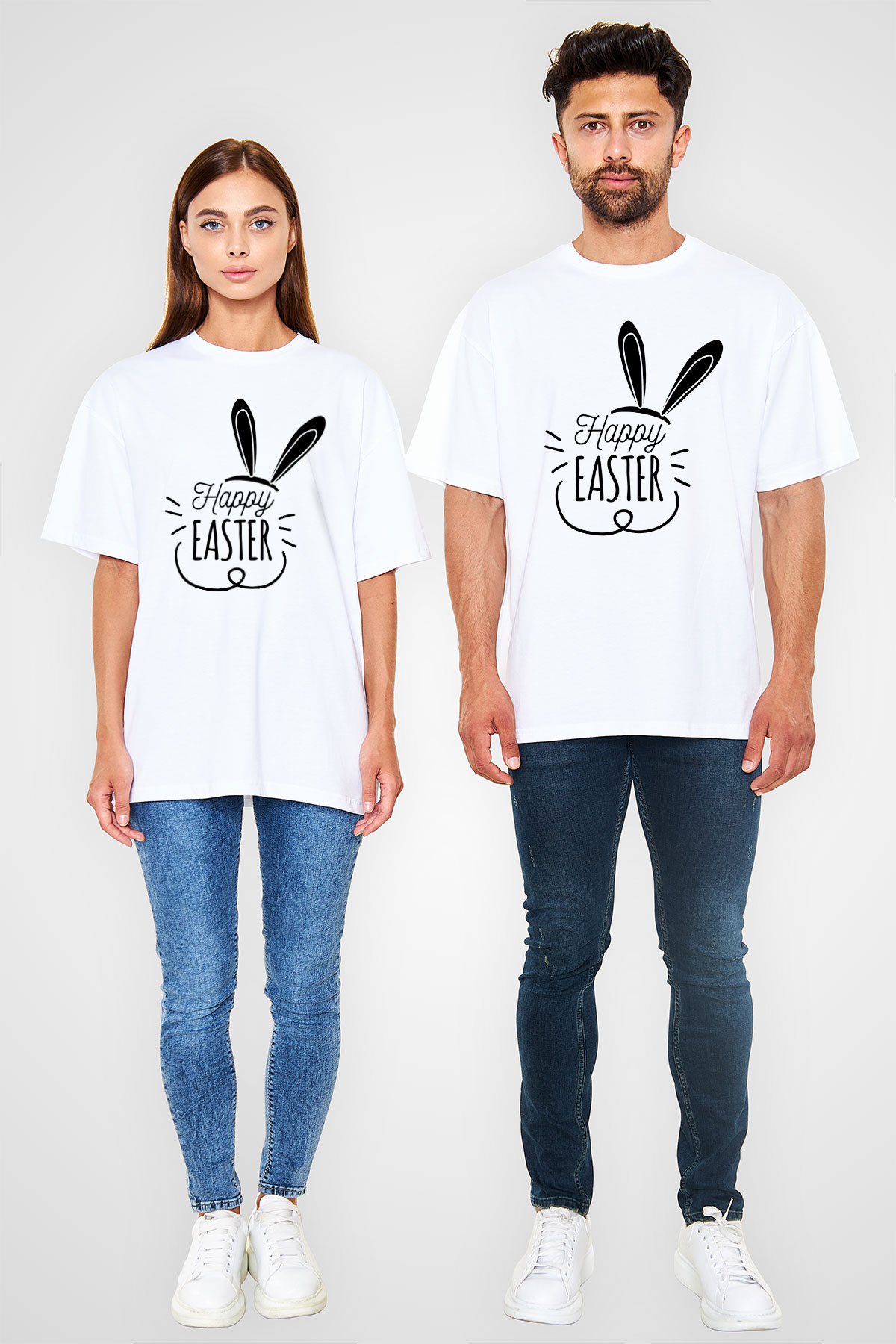 Paskalya Baskılı Beyaz Unisex Oversize Tişört - Tshirt