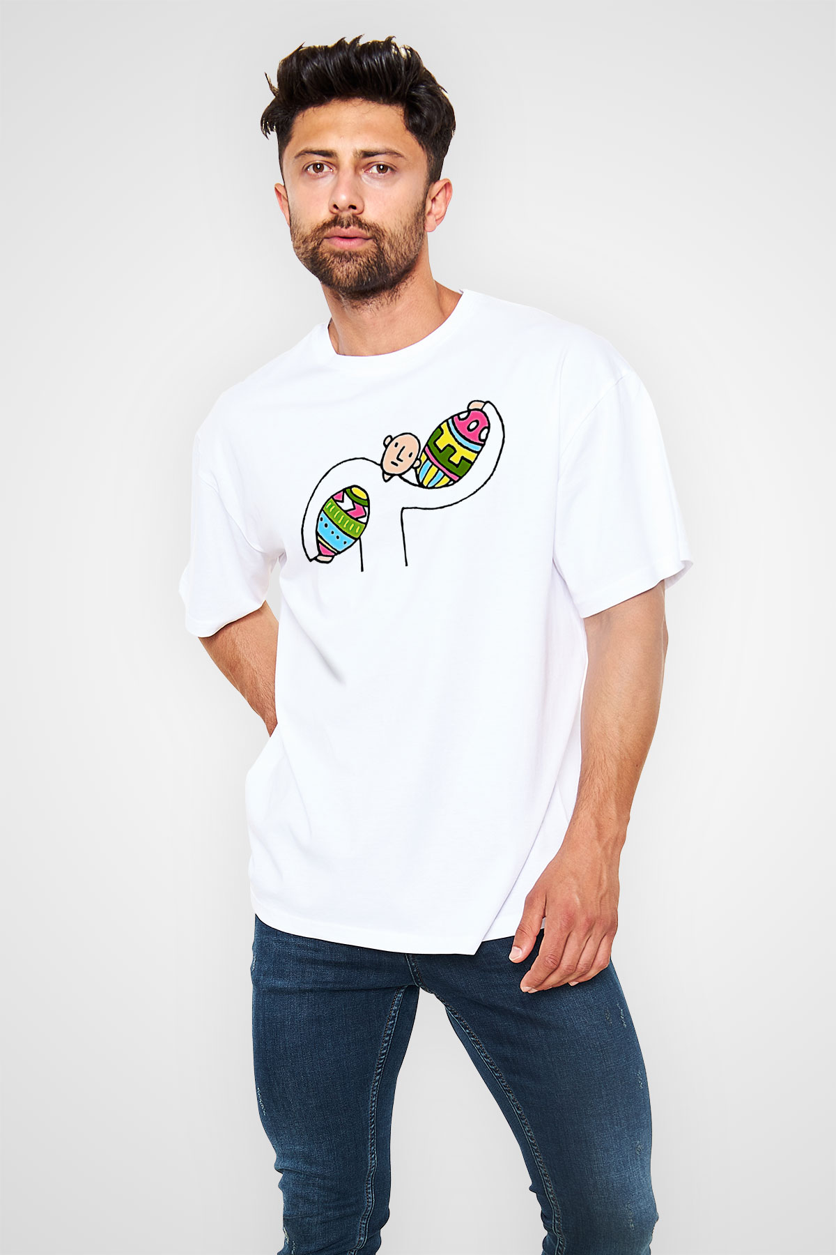 Paskalya Baskılı Beyaz Unisex Oversize Tişört - Tshirt