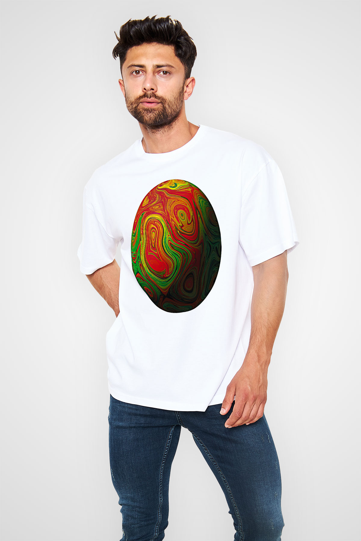 Paskalya Baskılı Beyaz Unisex Oversize Tişört - Tshirt