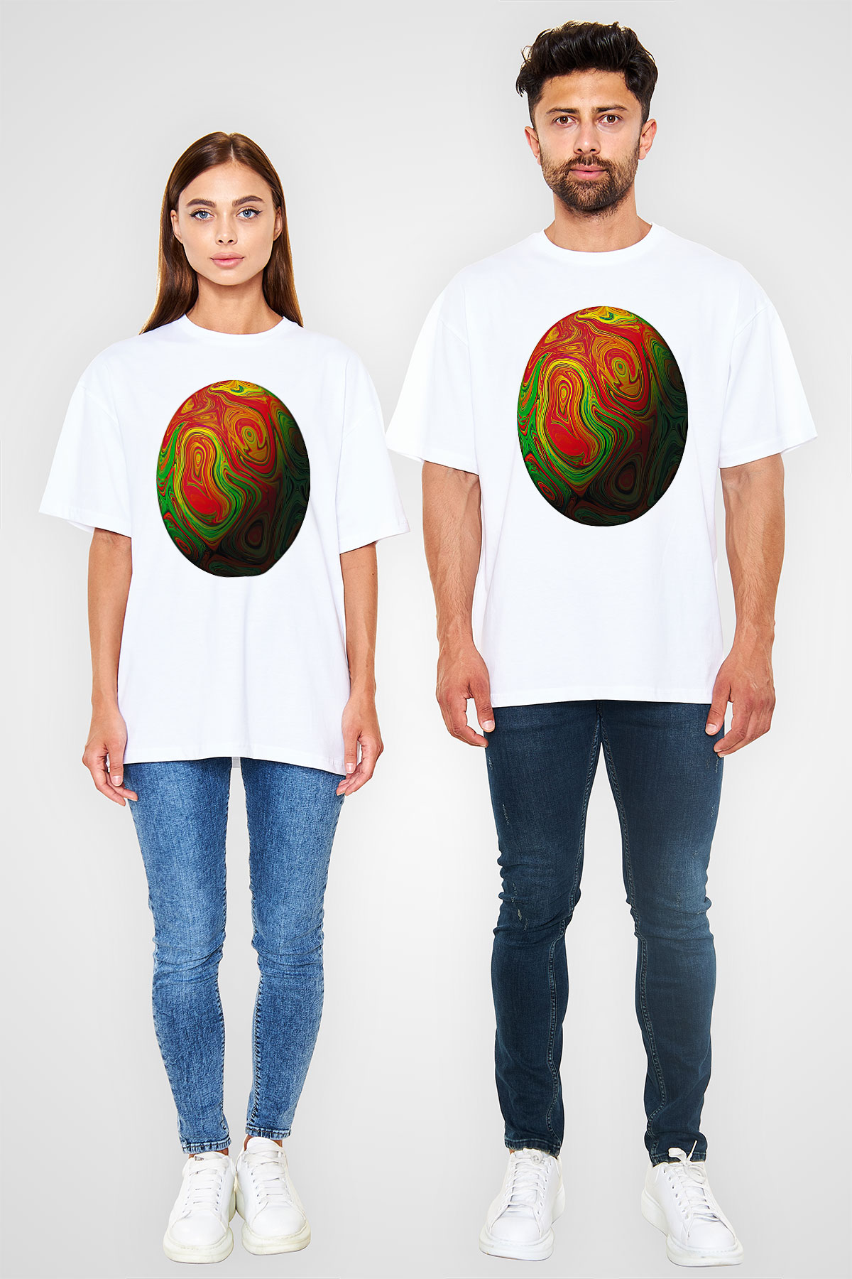 Paskalya Baskılı Beyaz Unisex Oversize Tişört - Tshirt