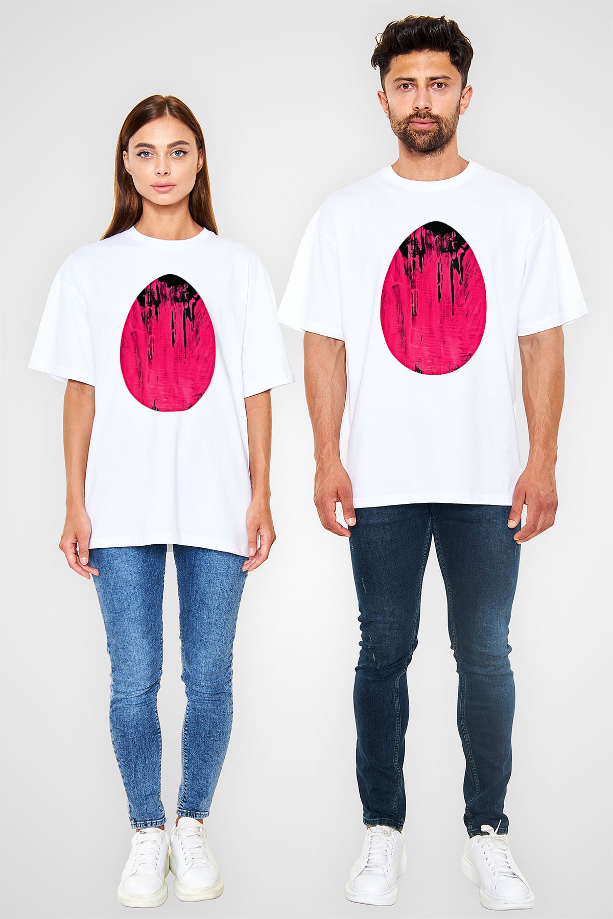 Paskalya Baskılı Beyaz Unisex Oversize Tişört - Tshirt