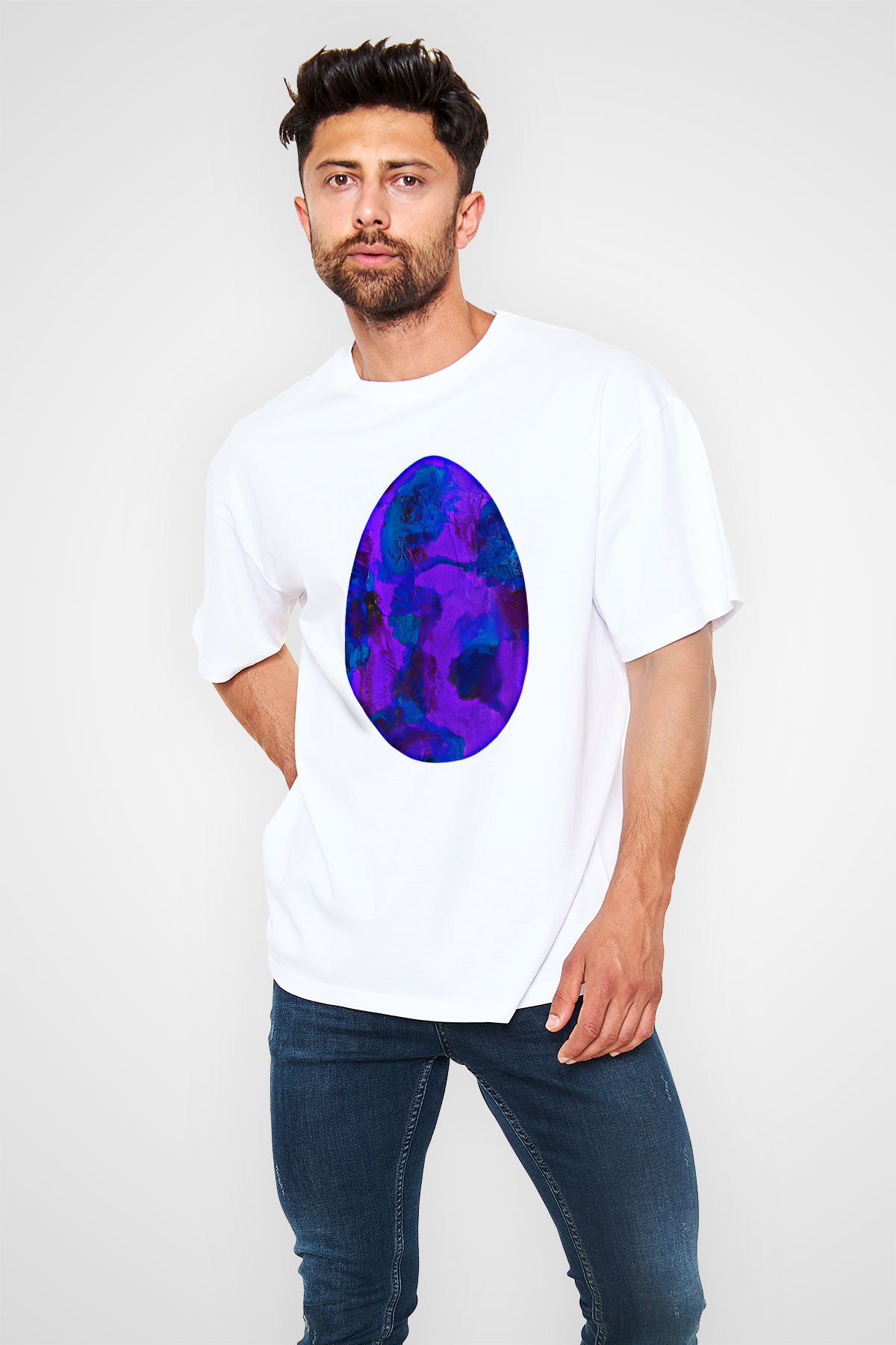 Paskalya Baskılı Beyaz Unisex Oversize Tişört - Tshirt