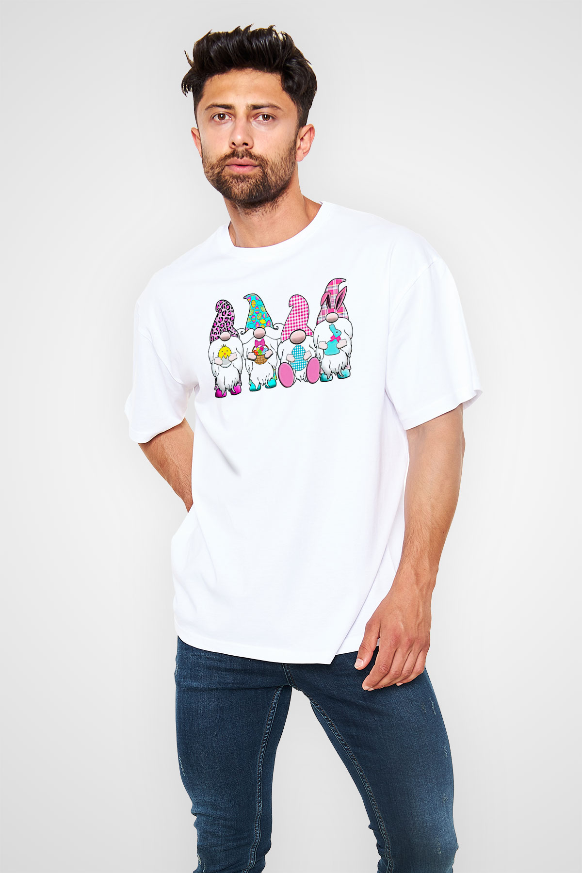 Paskalya Baskılı Beyaz Unisex Oversize Tişört - Tshirt