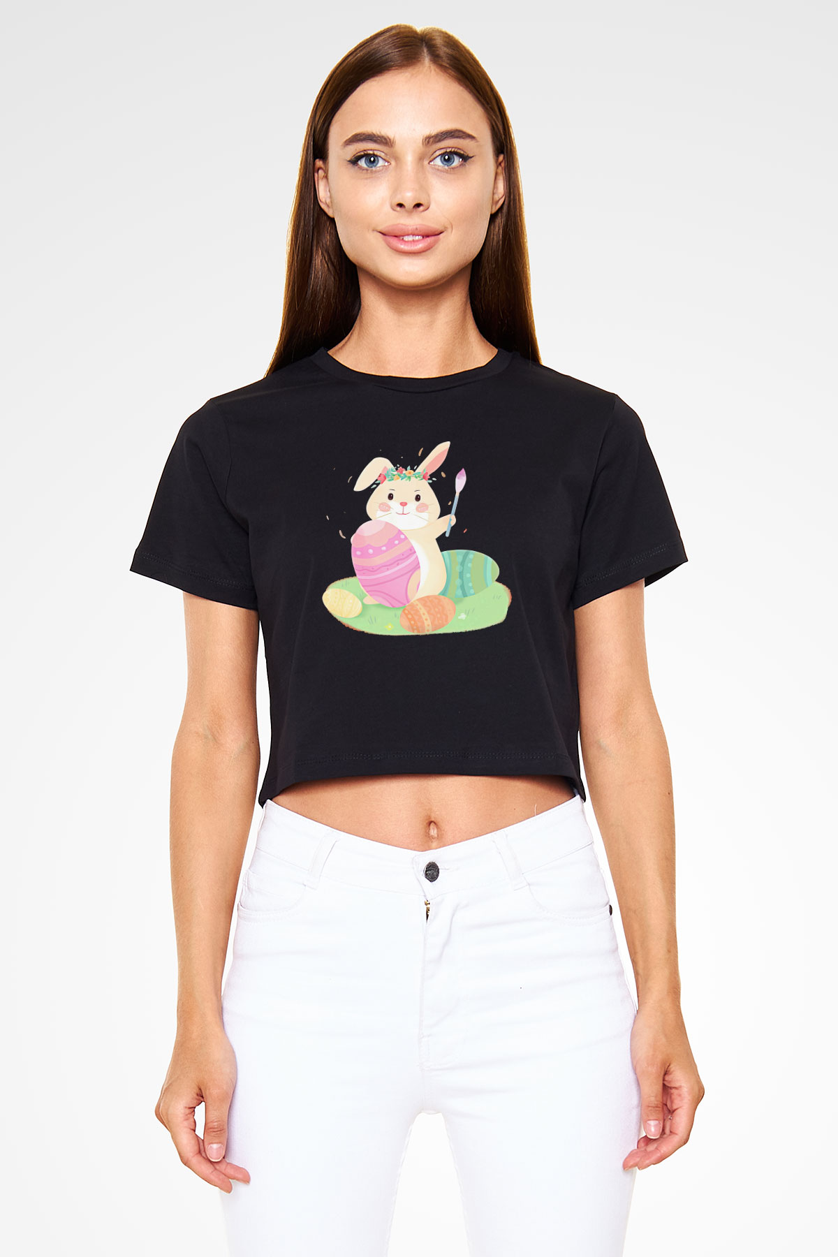 Paskalya Baskılı Siyah Crop Top Kadın Tişört - Tshirt