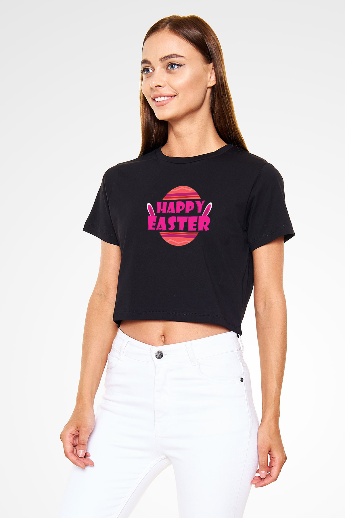 Paskalya Baskılı Siyah Crop Top Kadın Tişört - Tshirt