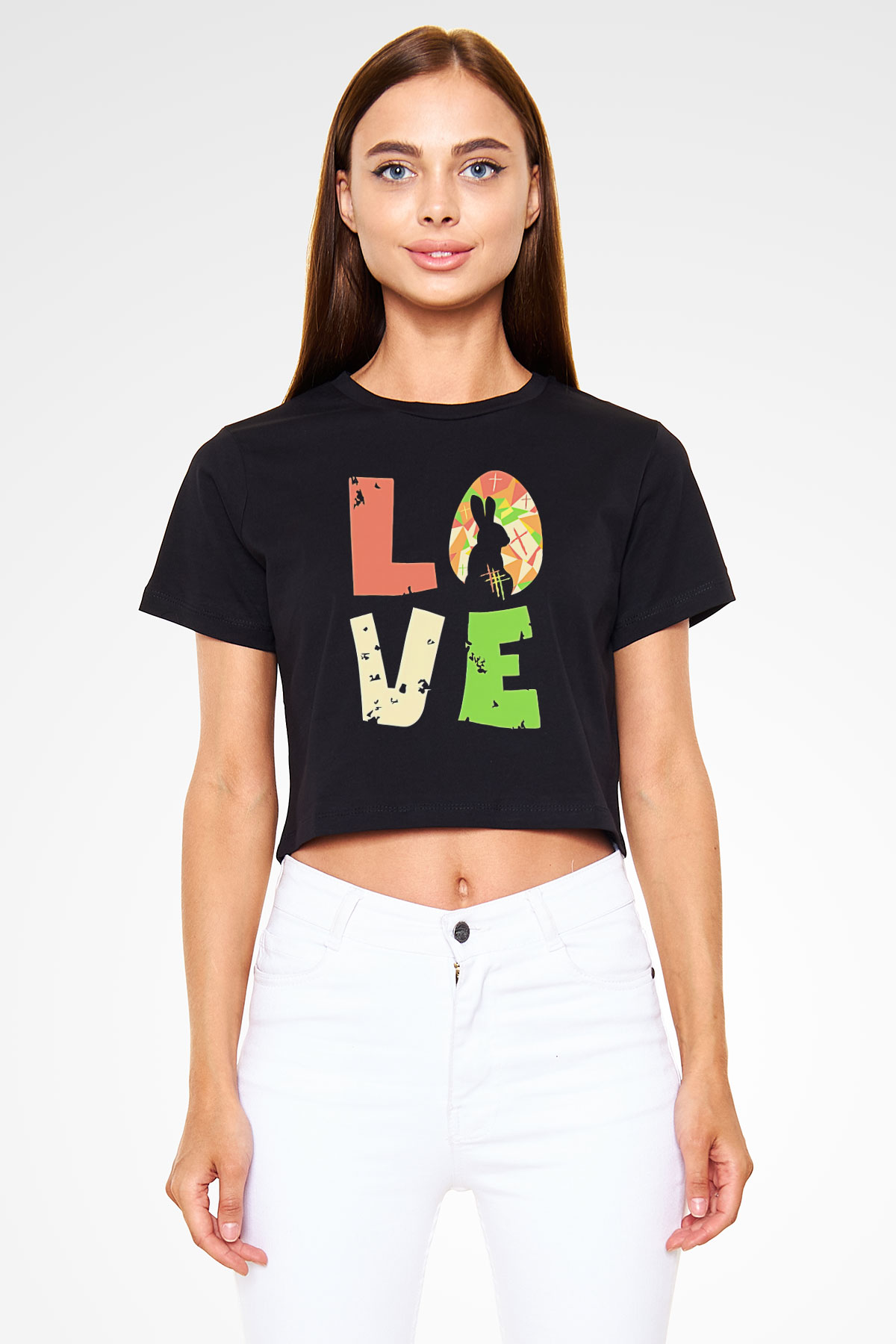 Paskalya Baskılı Siyah Crop Top Kadın Tişört - Tshirt