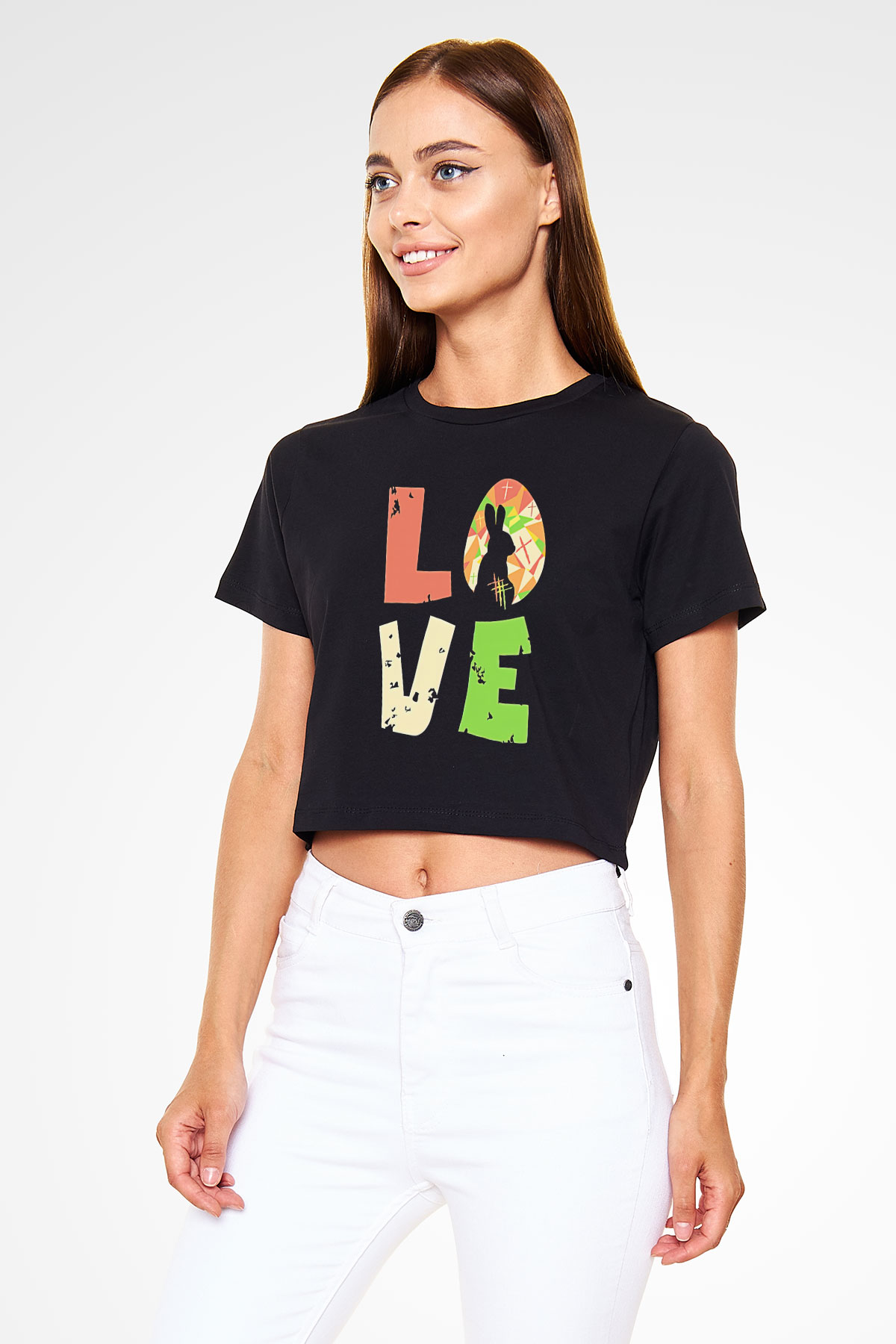 Paskalya Baskılı Siyah Crop Top Kadın Tişört - Tshirt