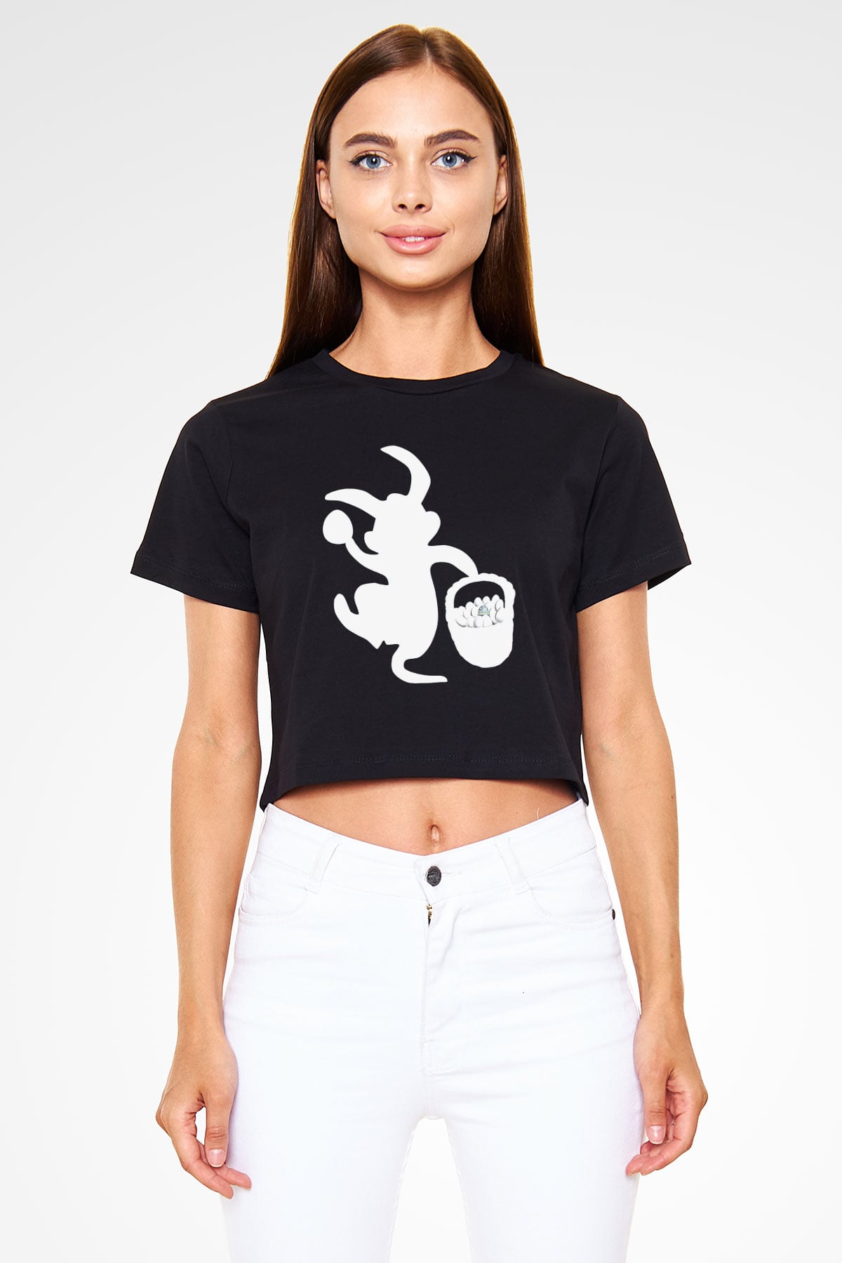 Paskalya Baskılı Siyah Crop Top Kadın Tişört - Tshirt