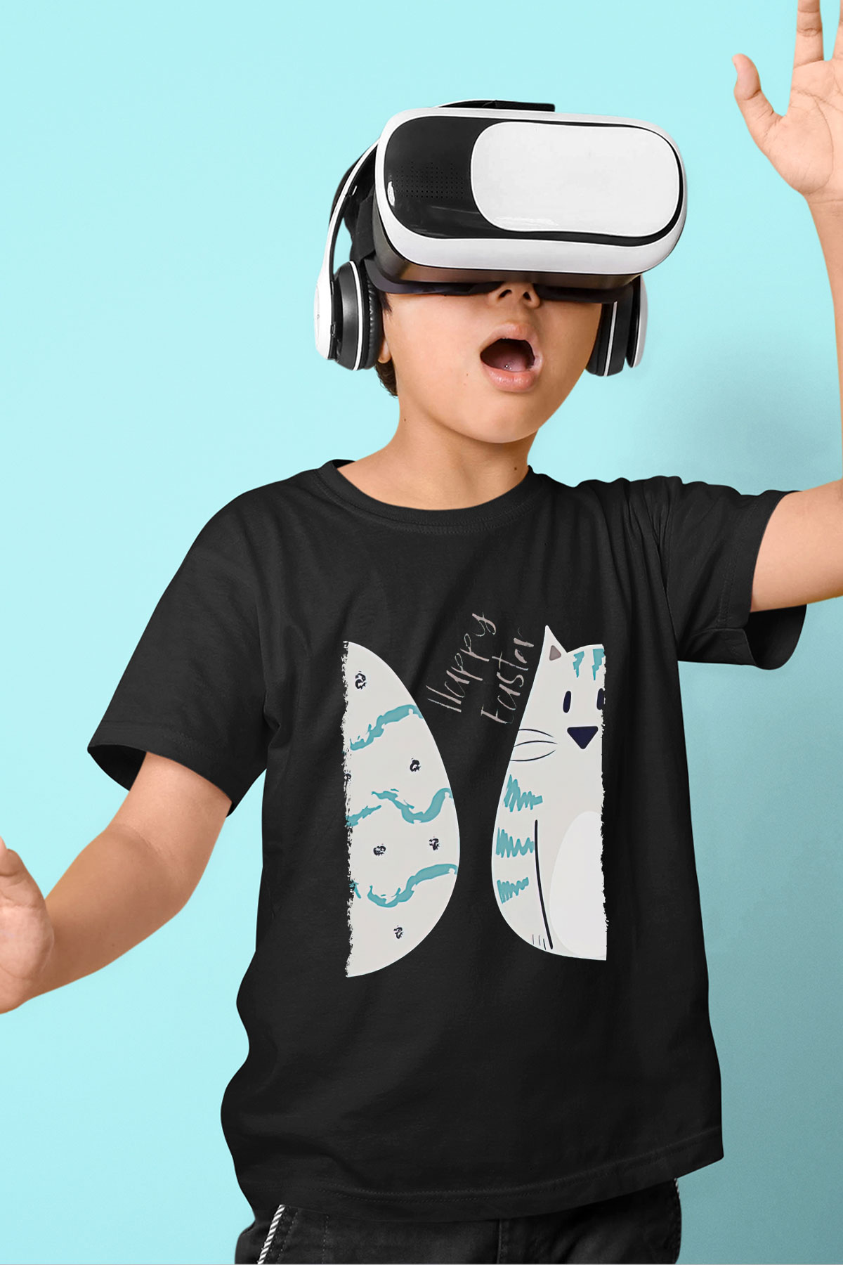 Paskalya Baskılı Unisex Siyah Çocuk Tişört - Tshirt