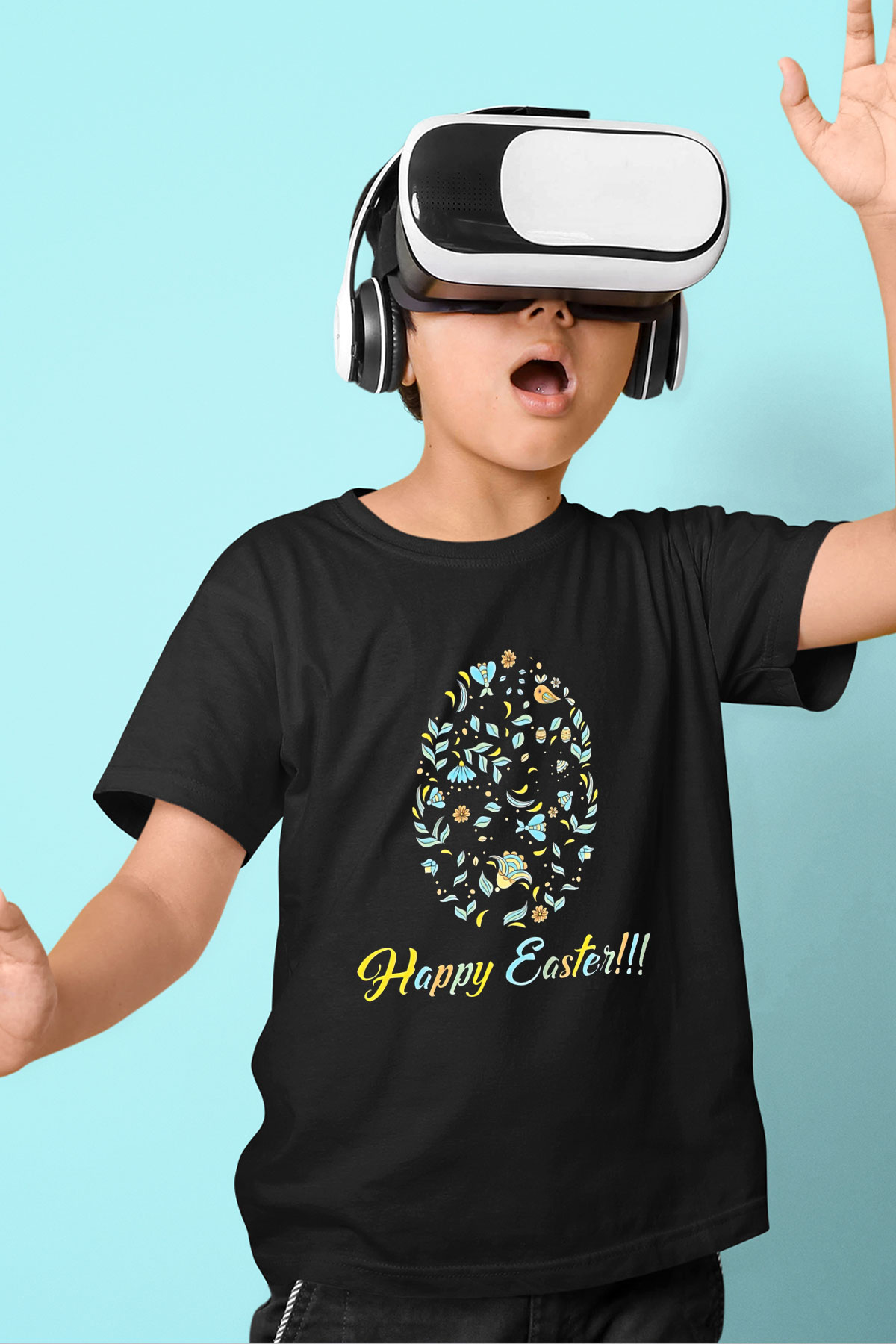 Paskalya Baskılı Unisex Siyah Çocuk Tişört - Tshirt