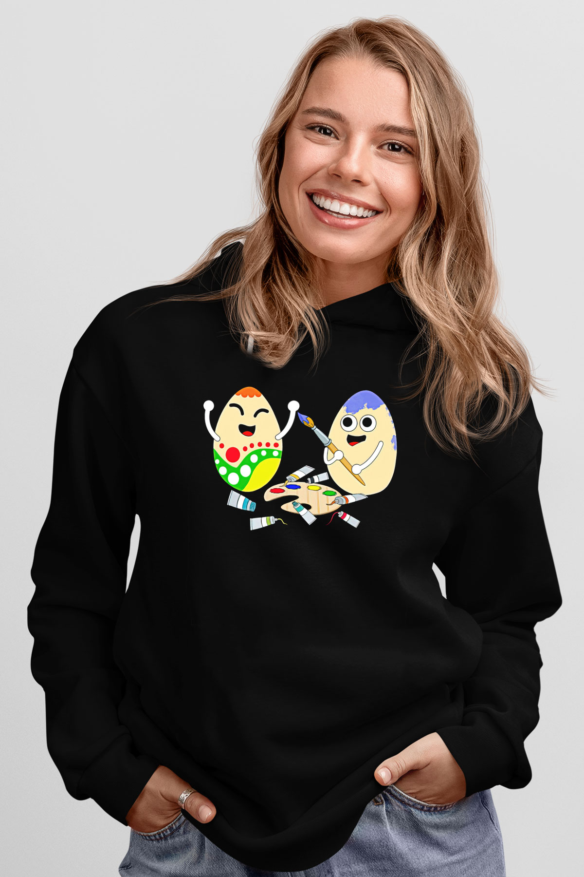 Paskalya Baskılı Unisex Siyah Hoodie