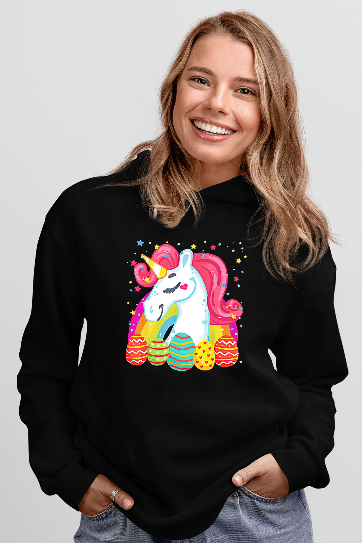 Paskalya Baskılı Unisex Siyah Hoodie