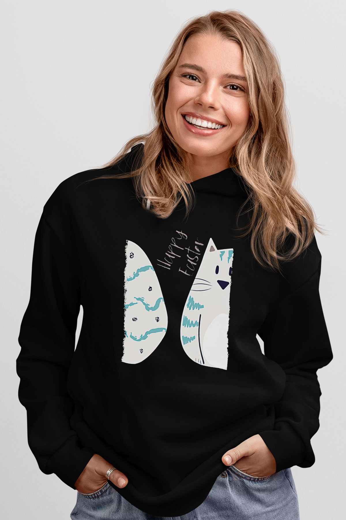 Paskalya Baskılı Unisex Siyah Hoodie