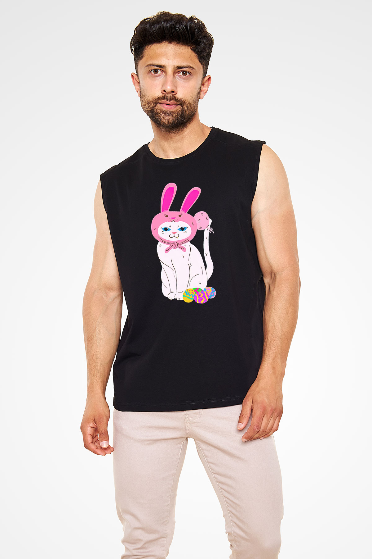 Paskalya Baskılı Unisex Siyah Kolsuz Tişört - Tshirt