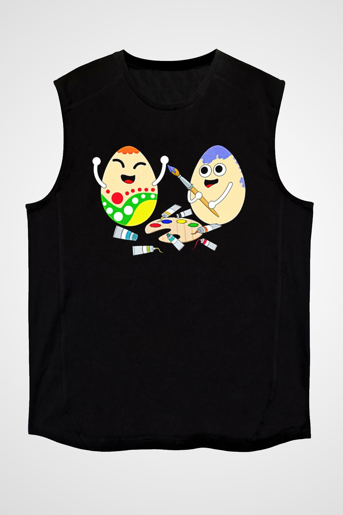 Paskalya Baskılı Unisex Siyah Kolsuz Tişört - Tshirt