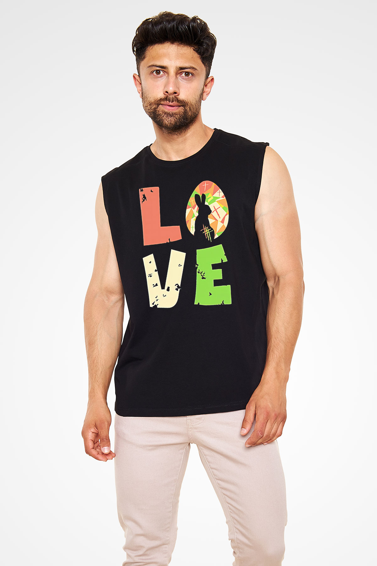 Paskalya Baskılı Unisex Siyah Kolsuz Tişört - Tshirt