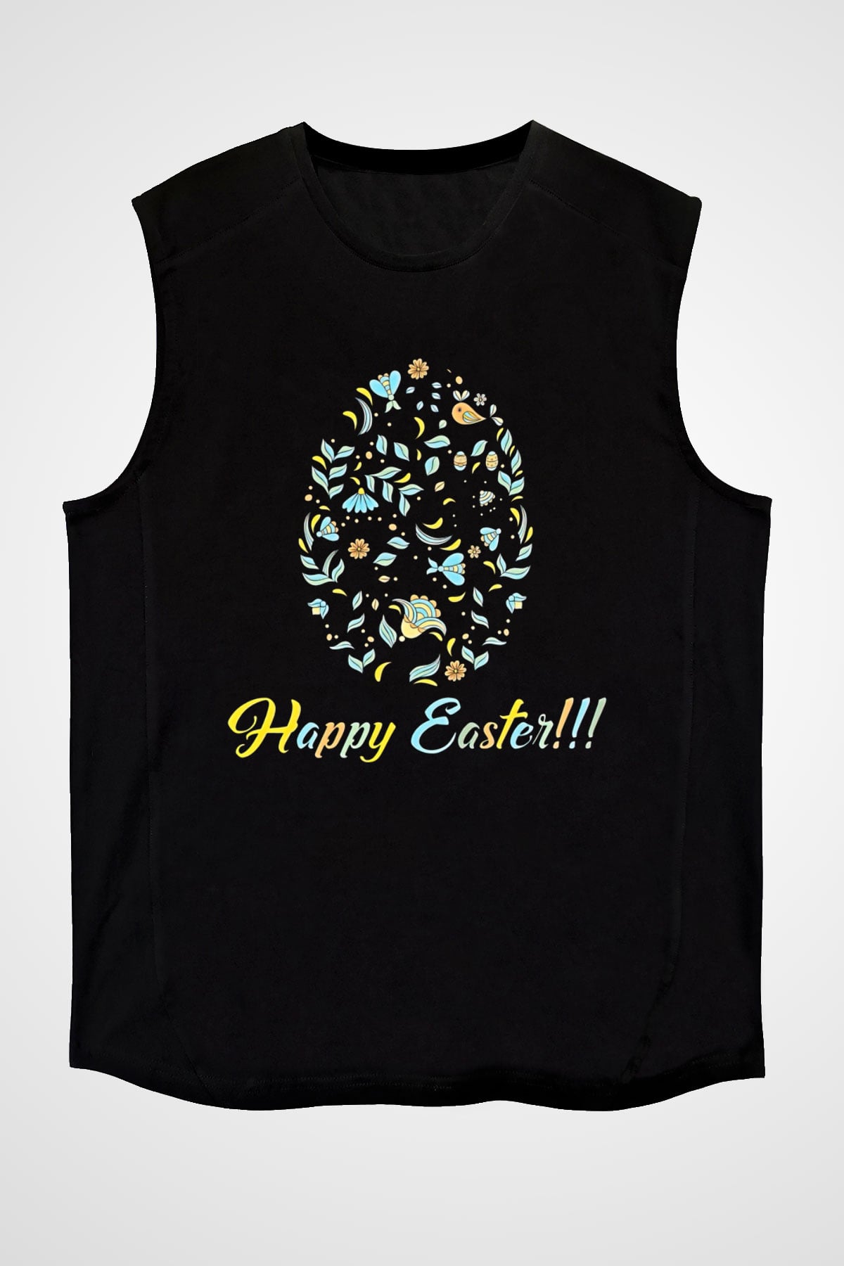 Paskalya Baskılı Unisex Siyah Kolsuz Tişört - Tshirt