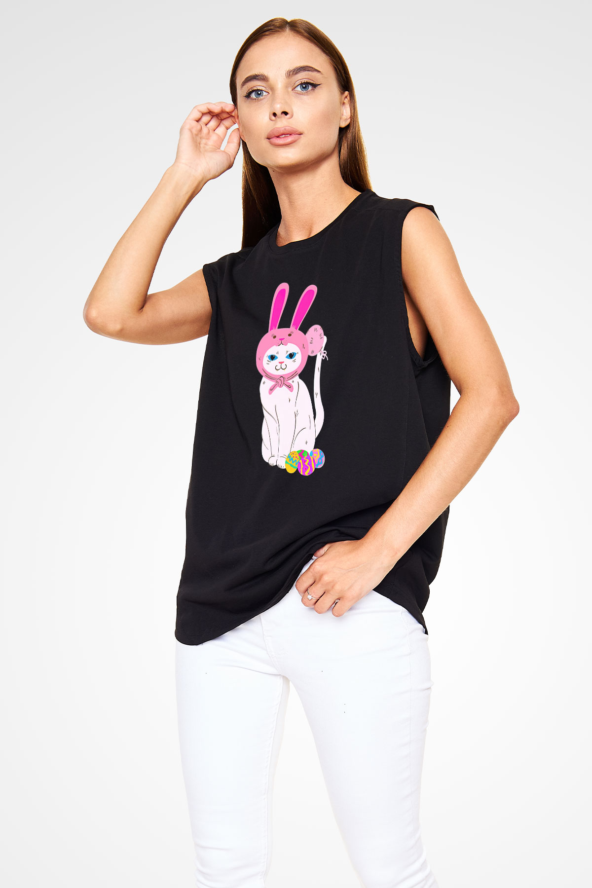 Paskalya Baskılı Unisex Siyah Kolsuz Tişört - Tshirt
