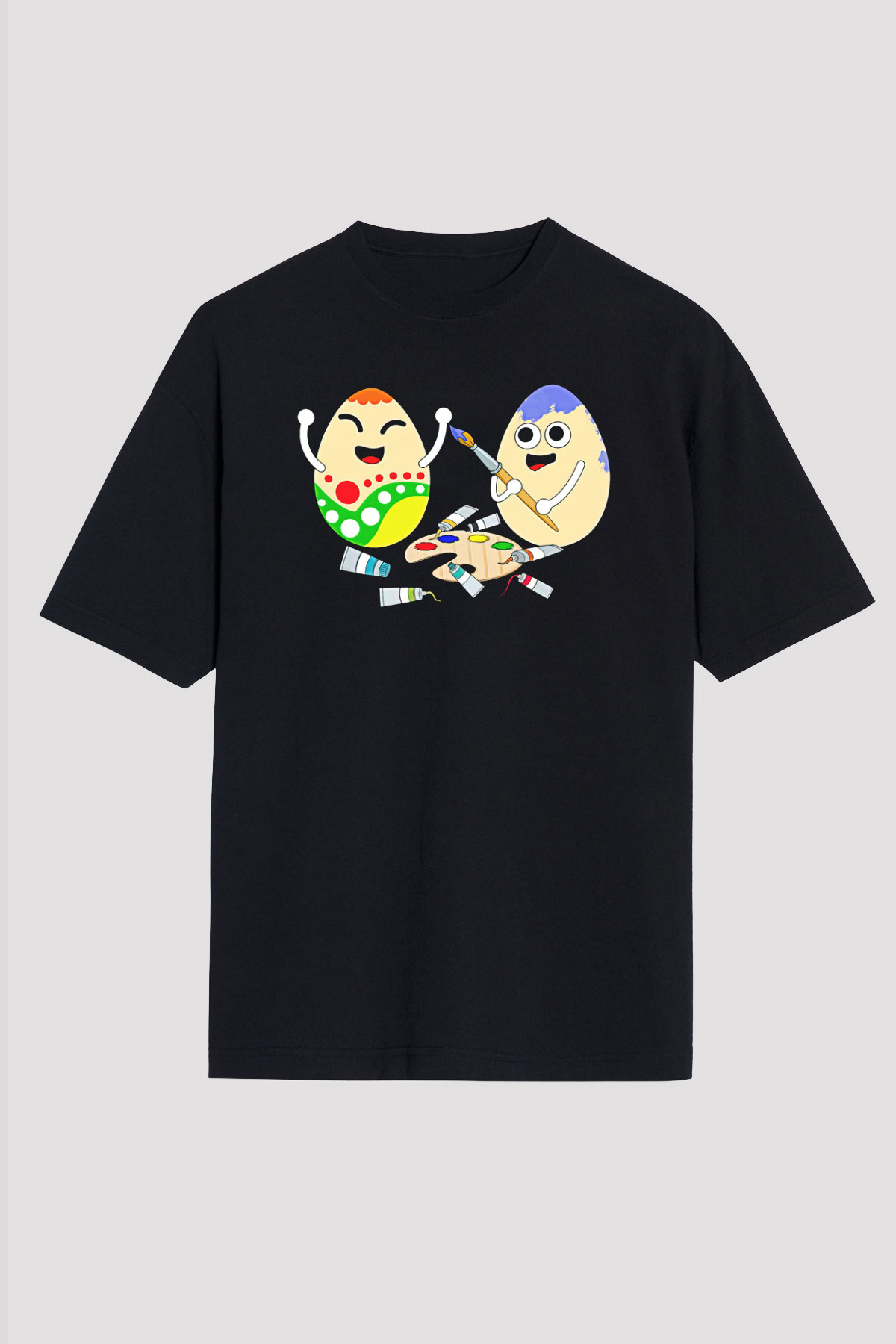 Paskalya Baskılı Unisex Siyah Oversize Tişört - Tshirt