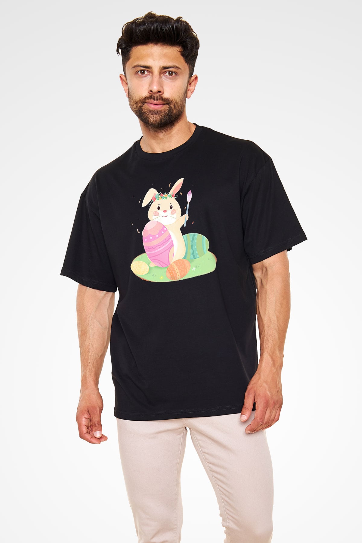Paskalya Baskılı Unisex Siyah Oversize Tişört - Tshirt