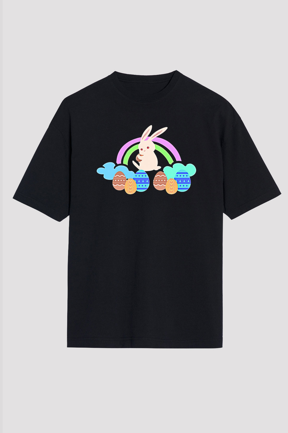 Paskalya Baskılı Unisex Siyah Oversize Tişört - Tshirt