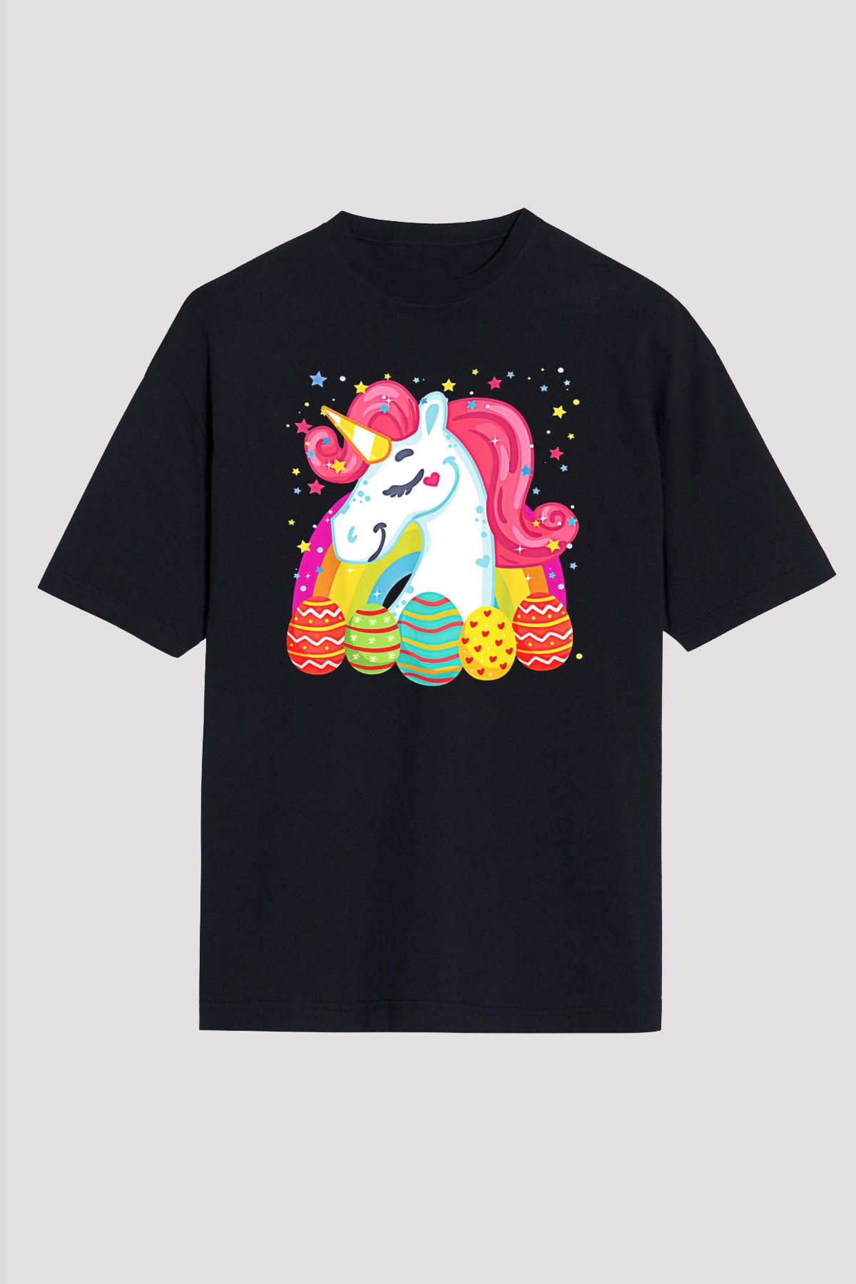 Paskalya Baskılı Unisex Siyah Oversize Tişört - Tshirt