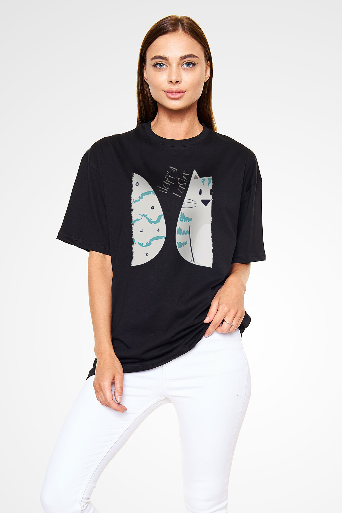 Paskalya Baskılı Unisex Siyah Oversize Tişört - Tshirt