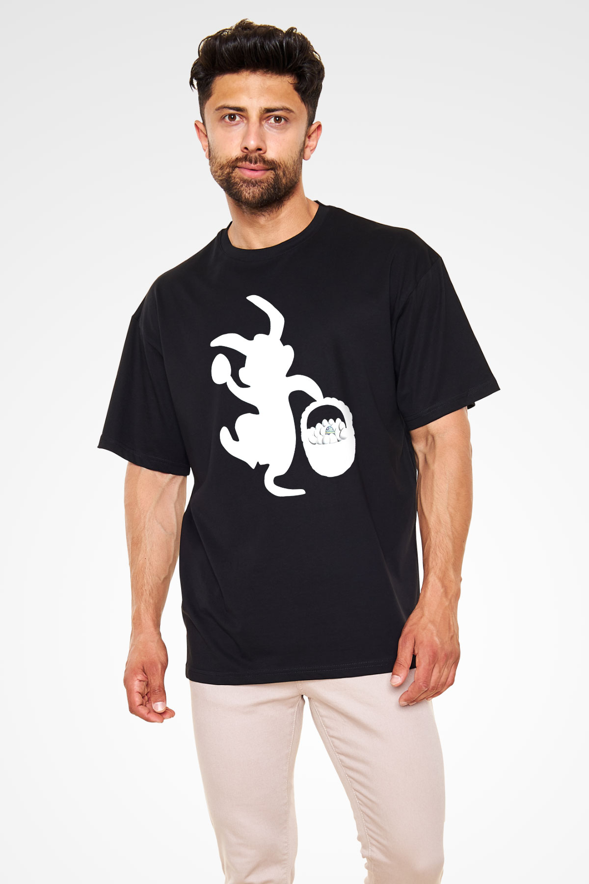 Paskalya Baskılı Unisex Siyah Oversize Tişört - Tshirt