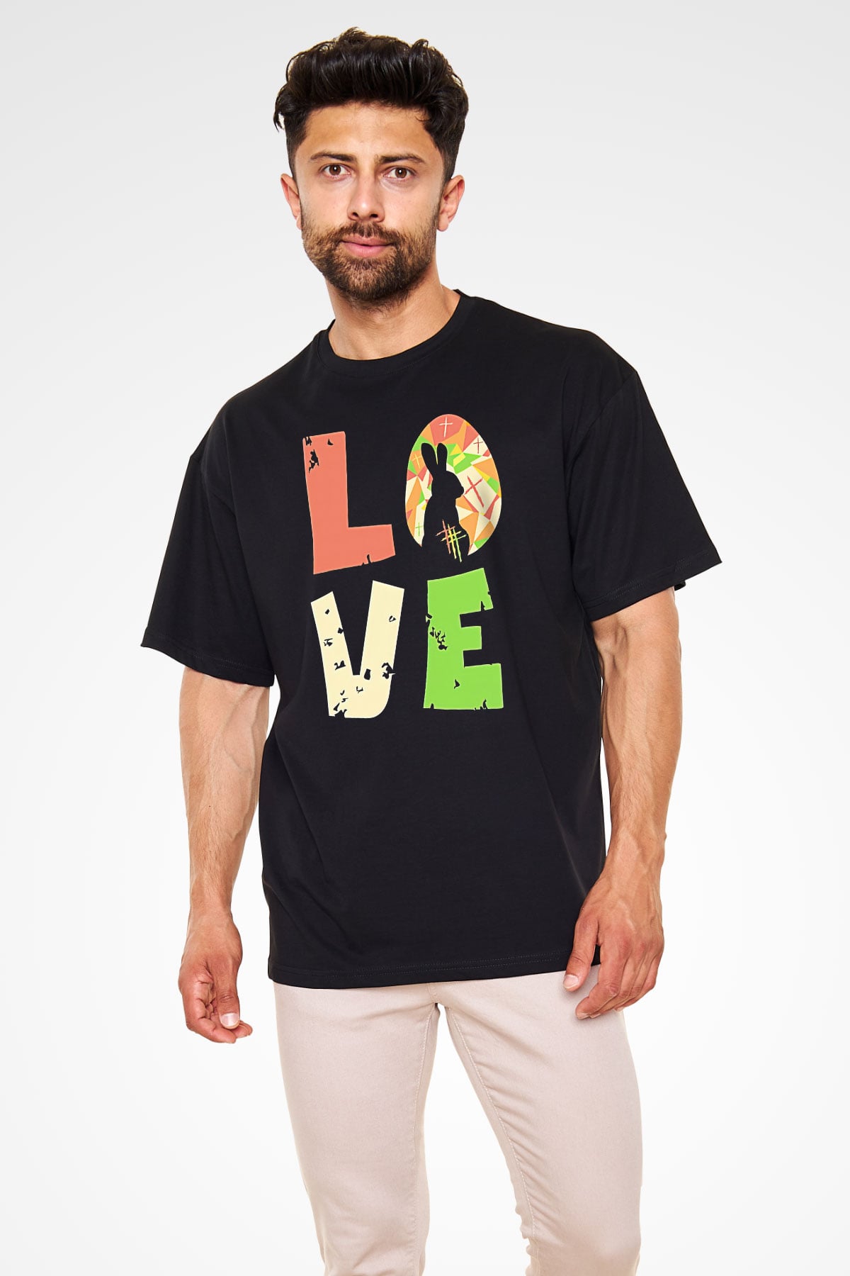 Paskalya Baskılı Unisex Siyah Oversize Tişört - Tshirt