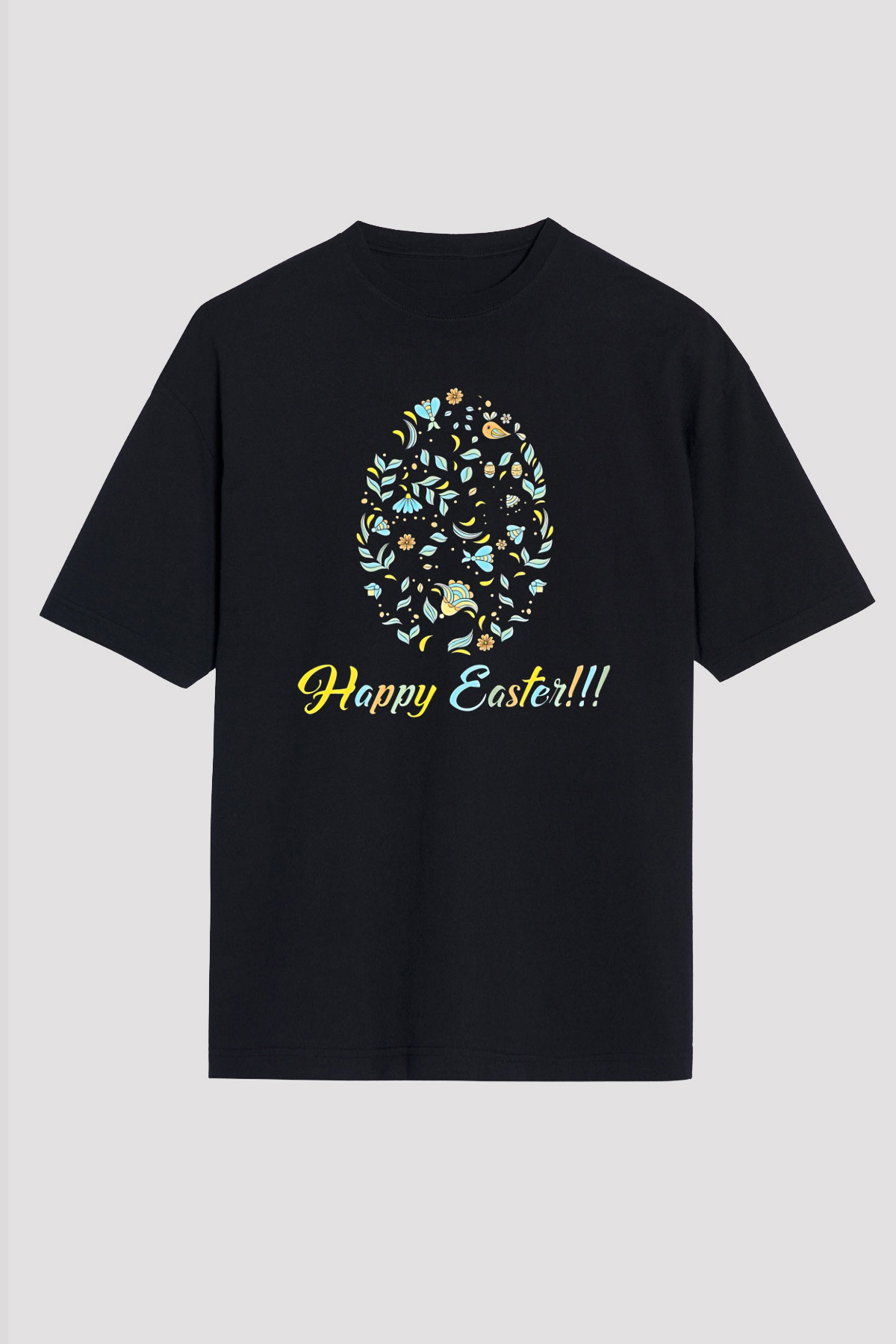 Paskalya Baskılı Unisex Siyah Oversize Tişört - Tshirt
