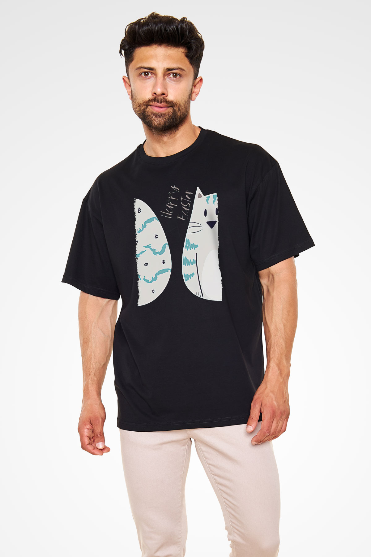 Paskalya Baskılı Unisex Siyah Oversize Tişört - Tshirt