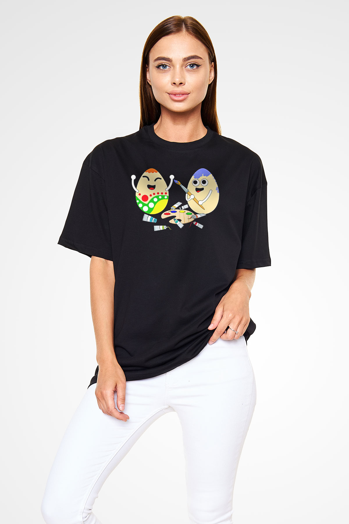 Paskalya Baskılı Unisex Siyah Oversize Tişört - Tshirt