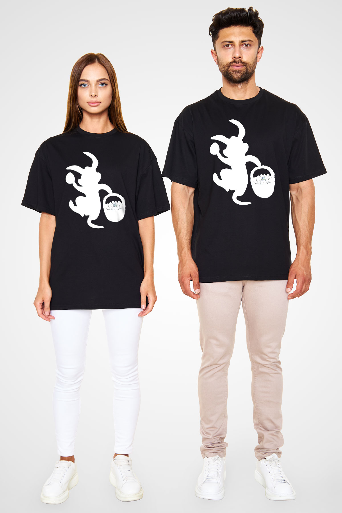 Paskalya Baskılı Unisex Siyah Oversize Tişört - Tshirt